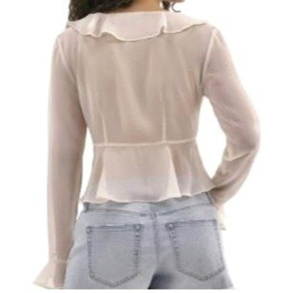 Sheer Fairycore Cream Ruffle Tie Front Peplum Blouse Long Sleeve Large 12-14 - Picture 4 of 12